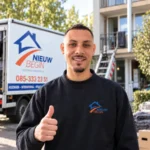 Benjamin van der Meer bij de wagen van Nieuw Begin